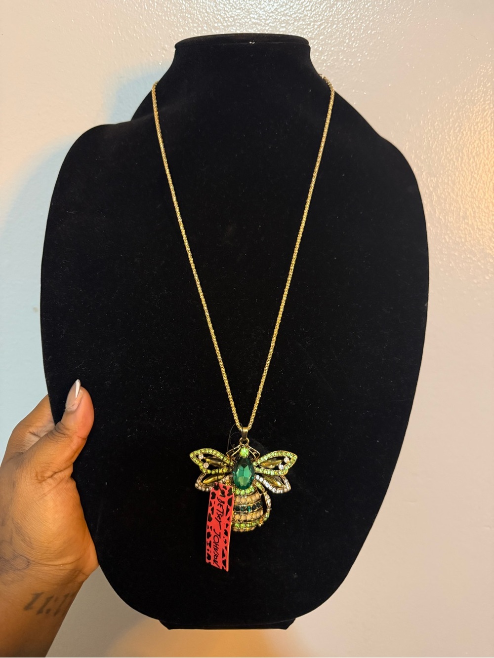 Betsey Johnson Gold-Tone Bee Pendant Necklace with Green Crystals
